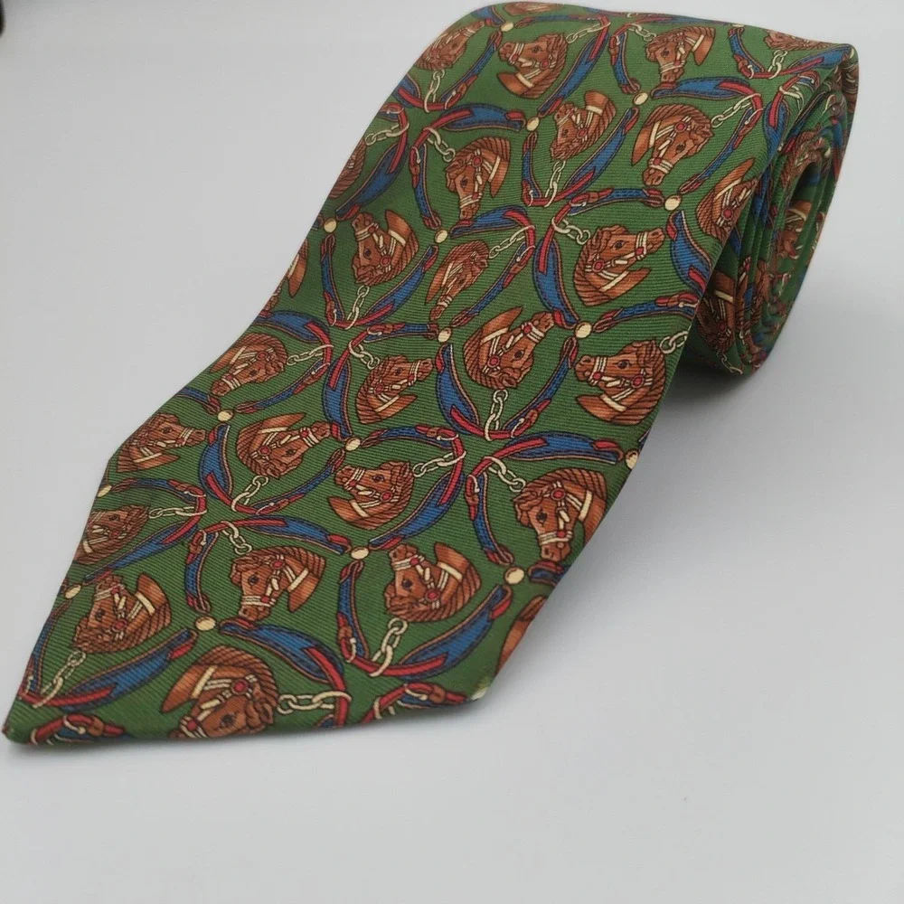 Aquascutum Tie Silk Handmade In England Necktie Horses Equestrian Green‎ Brown